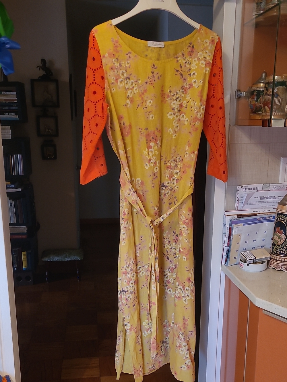Italian,linenYellow Floral Midi Dress with Orange Eyelet Sleeves